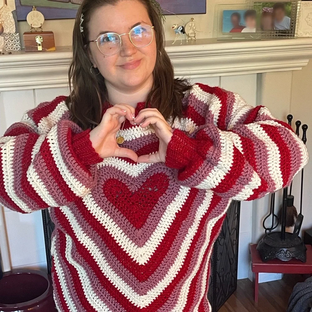 Handmade Crochet Heart Sweater—Glittery and Full Of Personality, One Of A Kind - Picture 2 of 3
